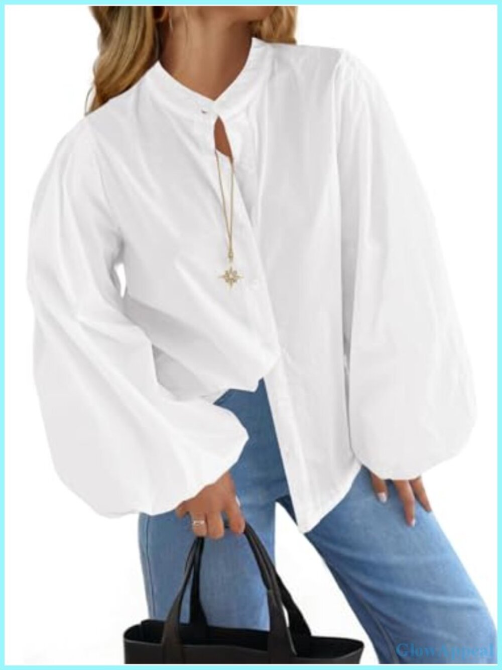 Womens Oversized Cotton Button Down Shirt Lantern Sleeve Blouse